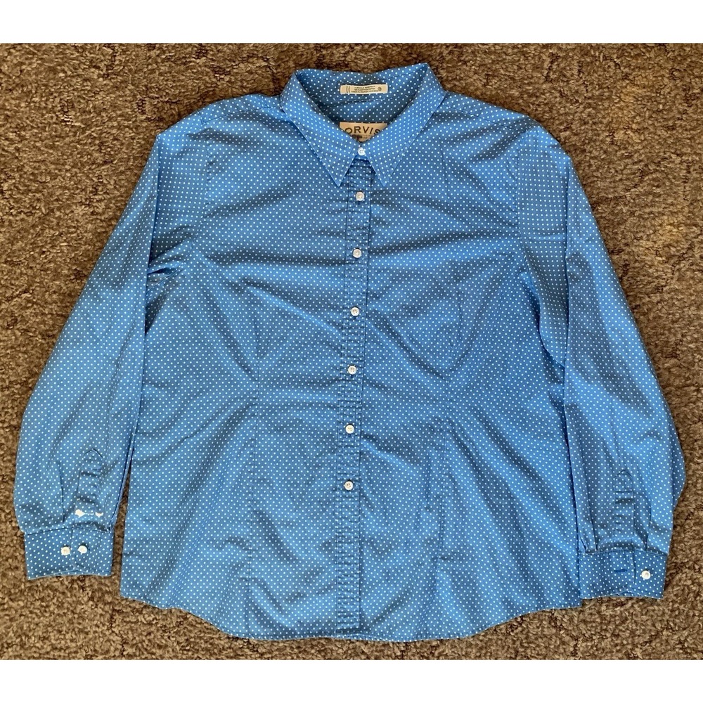 Orvis Shirt Womens 20 Blue White Button Down Polka Dots Colorful Preppy‎